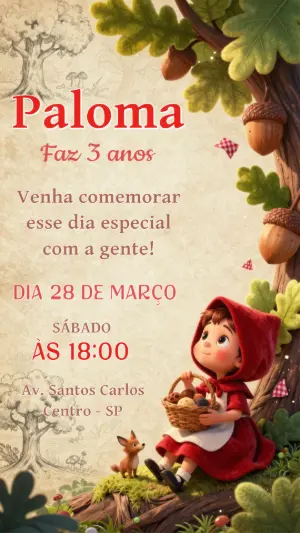 Convite Infantil Chapeuzinho Vermelho 3D para Editar