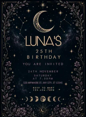Celestial Moon Birthday Invitation | Editable Template