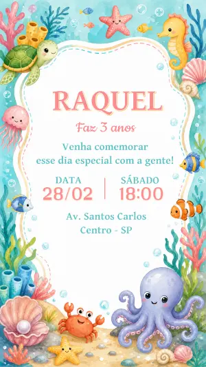 Convite de Aniversário Fundo do Mar Aquarela Editável