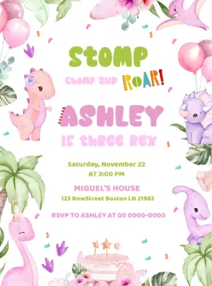 Pink Dinosaur Girl's Birthday Invitation to Edit Online