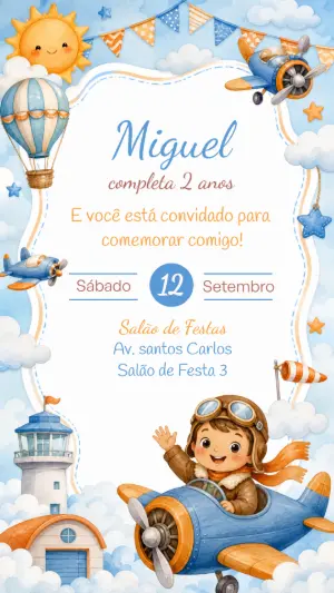 Convite de Aniversário Aviador Aquarela para Editar