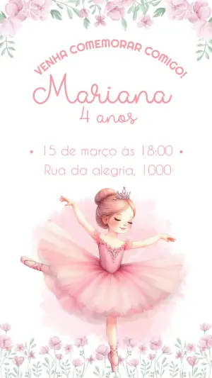 Convite Aniversário Bailarina Aquarela para Editar Online