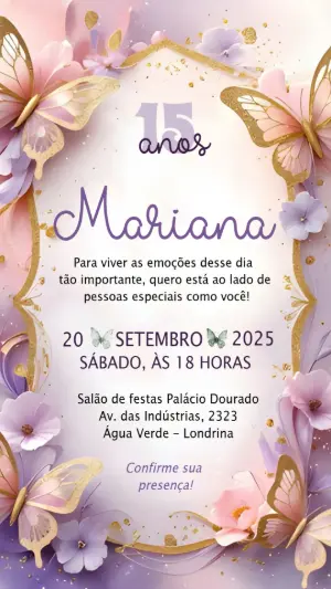 Convite 15 Anos Borboletas Lilás e Dourado Editável