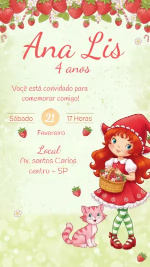 Convite Digital Aniversário Infantil Tema Moranguinho Editável