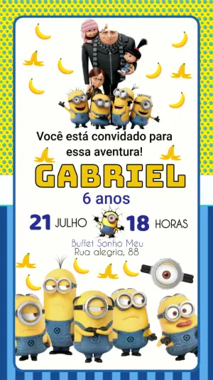 Convite de Aniversário Minions e Turma para Editar Online