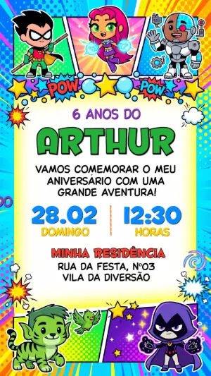 Convite de Aniversário Jovens Titãs em Ação Editável