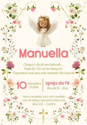 Convite de Batizado Anjinho Rosa Floral para Editar Online