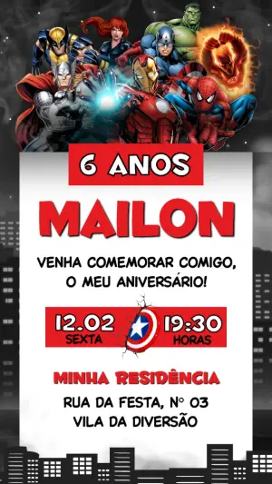 Convite de Aniversário Vingadores Super-Heróis Editável