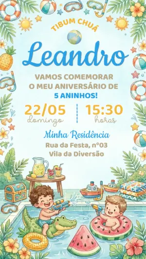 Convite de Aniversário Pool Party Menino Aquarela Editável