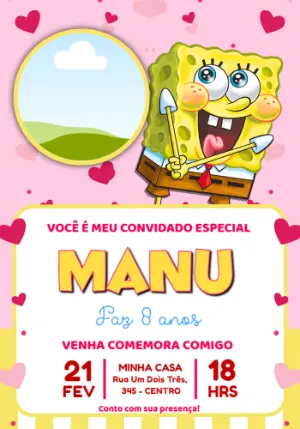 Convite de Aniversário Bob Esponja Rosa Editável com Foto
