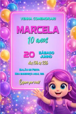 Convite de Aniversário Infantil Menina com Balões para Editar