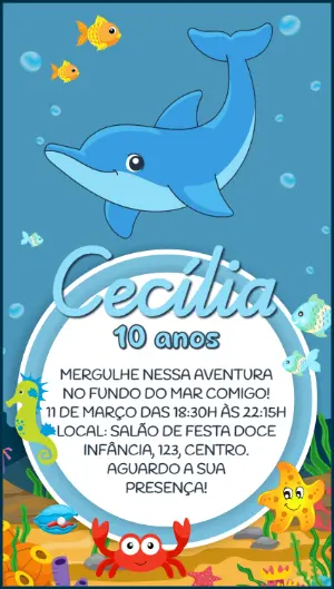 Convite Aniversário Golfinho Fundo do Mar para Editar Online