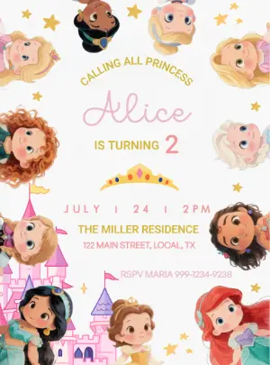 Cute Princesses Birthday Invitation | Editable Digital Template