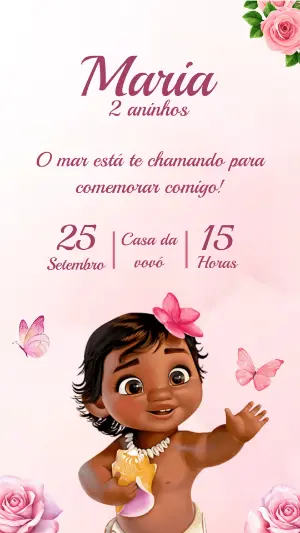 Convite de Aniversário Moana Baby Rosa para Editar