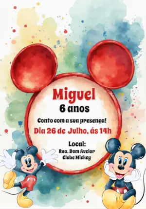 Convite de Aniversário Mickey Mouse Aquarela para Editar