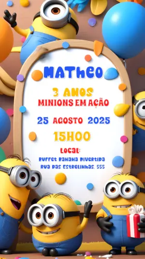 Convite de Aniversário Minions para Editar Online