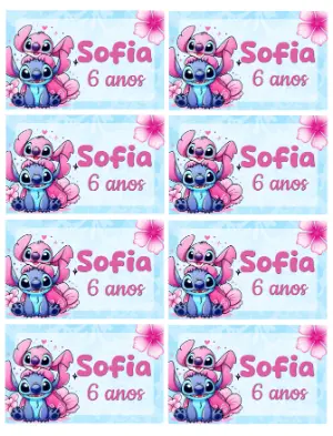 Rótulo Adesivo Editável Aniversário Infantil Stitch e Angel