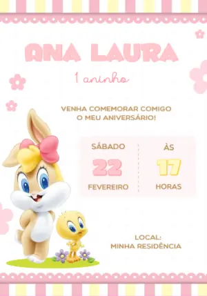 Convite Aniversário Baby Looney Tunes Rosa para Editar Online