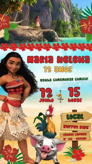 Convite Animado Aniversário Moana para Editar Online