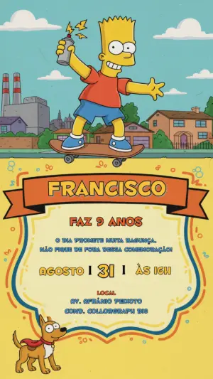 Convite de Aniversário Os Simpsons Editável com Bart Simpson