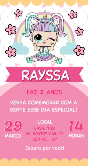 Convite de Aniversário Boneca Unicórnio Editável