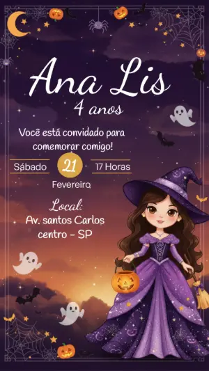Convite de Aniversário Halloween Bruxinha Fofa Roxo para Editar