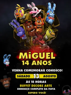 Convite de Aniversário FNAF com Personagens para Editar Online