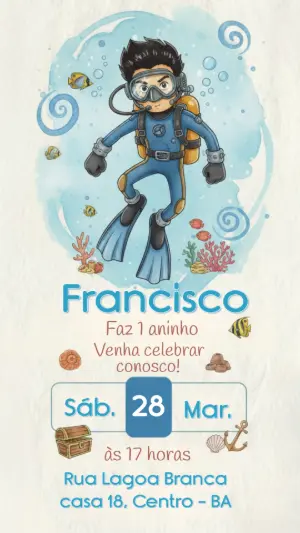 Convite de Aniversário Fundo do Mar Mergulhador para Editar