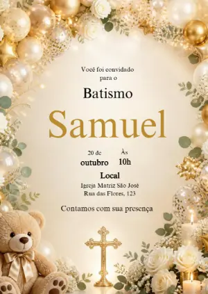 Convite de Batismo Ursinho Dourado e Branco para Editar