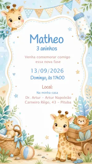 Convite de Aniversário Girafinha Aquarela para Editar