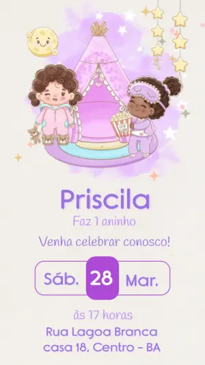 Convite Festa do Pijama Lilás para Aniversário Editável