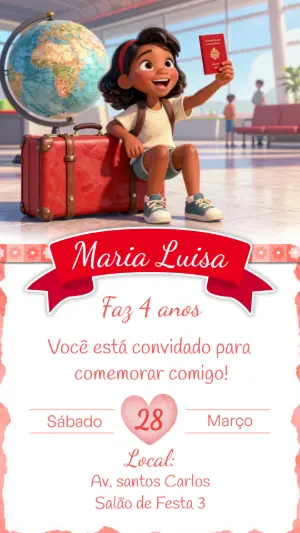 Convite de Aniversário Viagem Menina 3D Modelo Editável