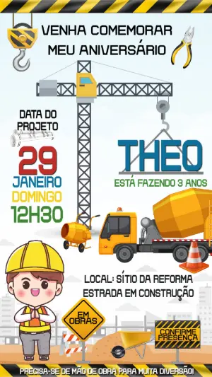Convite de Aniversário Tema Obra e Construção para Editar