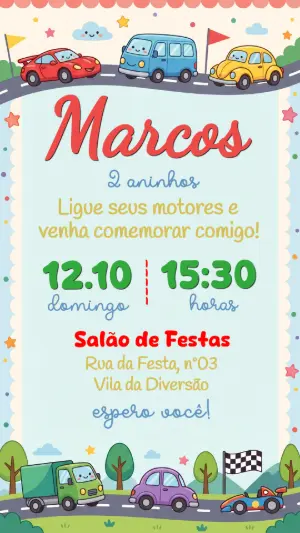 Convite de Aniversário Infantil Carrinhos Coloridos Editável