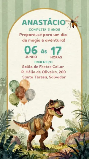 Convite de Aniversário Dinossauro Aquarela para Editar