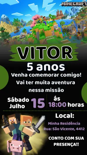 Convite de Aniversário Minecraft Editável para Personalizar