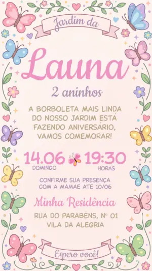 Convite de Aniversário Jardim das Borboletas Delicado para Editar