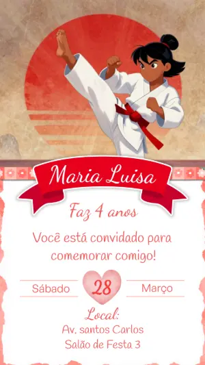 Convite Digital Aniversário Karatê Menina para Editar
