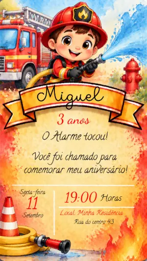 Convite de Aniversário Bombeiro Infantil para Editar Online
