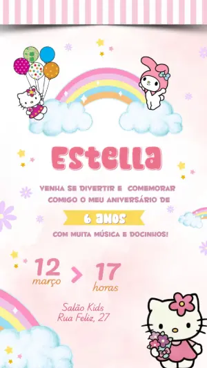 Convite Aniversário Hello Kitty e Amigos para Editar Online
