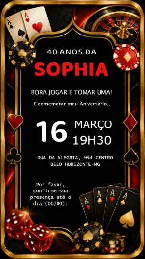 Convite Digital Aniversário Tema Poker e Cassino para Editar