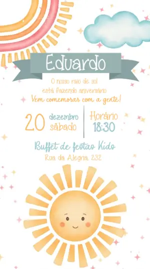 Convite de Aniversário Sol e Arco-íris Aquarela Editável