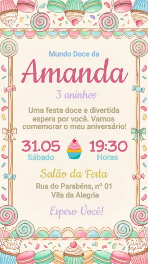 Convite de Aniversário Mundo Doce Candy Color para Editar