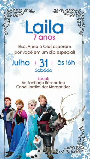 Convite Aniversário Frozen com Personagens para Editar Online