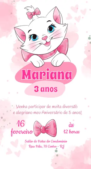 Convite de Aniversário Gatinha Marie Rosa para Editar