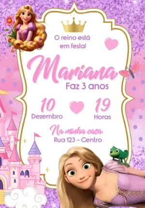 Convite de Aniversário Rapunzel Rosa e Lilás para Editar