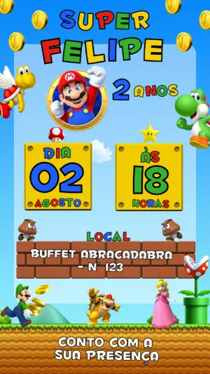Convite de Aniversário Super Mario Colorido para Editar