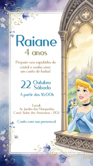 Convite de Aniversário Cinderela Editável para Imprimir