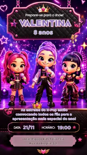 Vídeo Convite de Aniversário Huntrix K-Pop Editável
