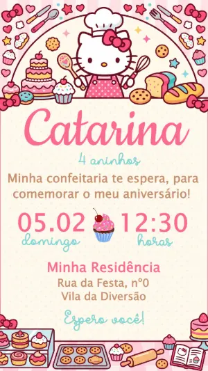 Convite de Aniversário Hello Kitty Confeiteira Rosa Editável